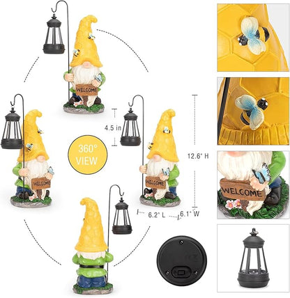 Solar Large Garden Gnomes Outdoor Statues with Lantern Light, Welcome Gnome Garden Outdoor Decor Gift Waterproof Decoration for Patio, Balcony, Yard Ornament Mom Gift