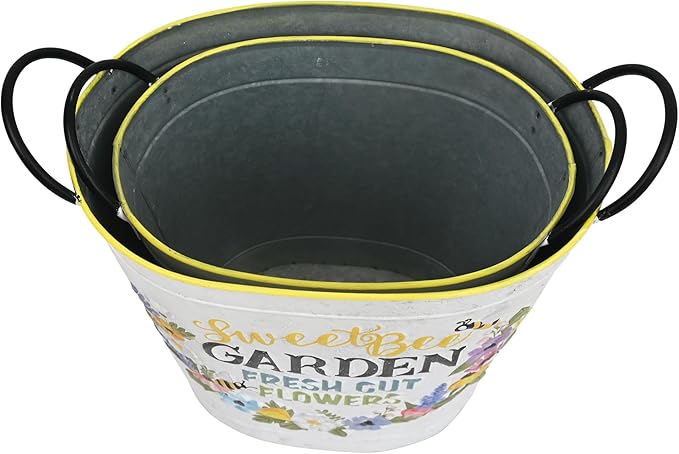 Set of 2 Sweet Bee Garden Metal Planter Buckets, Rustic Farmhouse Flower Pots with Handles, Decorative Indoor Outdoor Gardening Containers for Succulents, Herbs, Home & Porch Decor