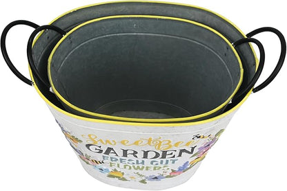 Set of 2 Sweet Bee Garden Metal Planter Buckets, Rustic Farmhouse Flower Pots with Handles, Decorative Indoor Outdoor Gardening Containers for Succulents, Herbs, Home & Porch Decor