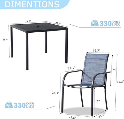 5 Pieces Round Dining Table Set for 4, Patio Dining Set Includes 4 Blue Stackable Patio Chairs and 1 Black Square Table, Patio Furniture Sets with Sling Support for Outside, Garden