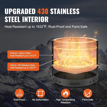 VEVOR 28 inch Smokeless Fire Pit Stove Bonfire, Wood Burning Fireplaces with Removable Ash Pan, SUS430 Stainless Steel Inner Portable Outdoor Firepit,for Outdoor Patio Camping High 17 inch