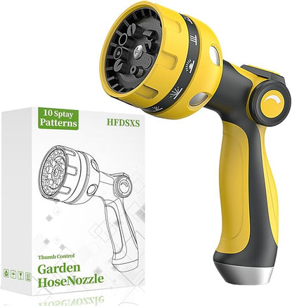Garden Hose Nozzle, Heavy Duty Water Hose High Pressure Sprayer with 10 Watering Patterns, Thumb Control On Off Valve, for Watering outdoor Plants & Lawn, Car & Pet Washing（Yellow）