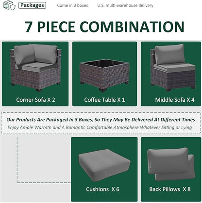 Outdoor Patio Furniture Set, 7 Pcs Outdoor Furniture All Weather Patio Sectional Sofa PE Wicker Modular Conversation Sets with Coffee Table,6 Chairs & Seat Clips Grey