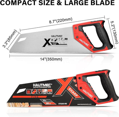 HAUTMEC 14" X-Sharp Compact Hand Saw for Cuts Comfort, Quality and Accuracy, Fine-Cut Handsaw with 12 TPI Triple-Ground Teeth and 1mm Thickened Large Blade, Bi-Material Ergonomic Handle – HT0295