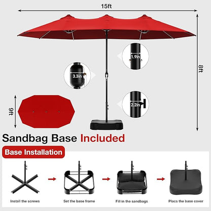 Joyside 15FT Large Patio Umbrella with Base Included, Outdoor Double Sided Umbrella, Rectangle Umbrella with Crank Handle, 12 Sturdy Ribs for Deck, Porch and Pool