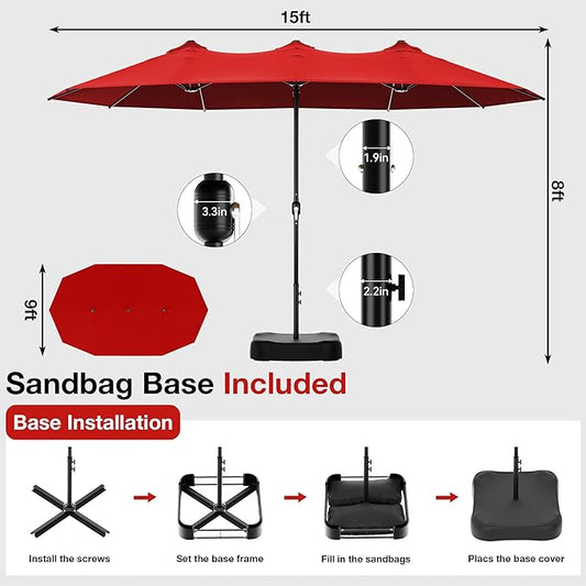 Joyside 15FT Large Patio Umbrella with Base Included, Outdoor Double Sided Umbrella, Rectangle Umbrella with Crank Handle, 12 Sturdy Ribs for Deck, Porch and Pool