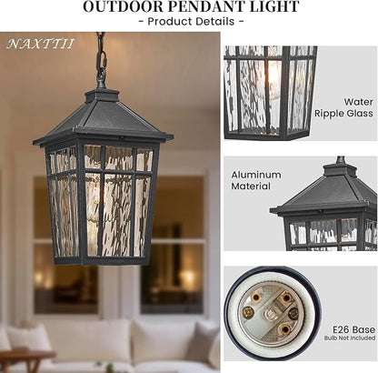 Large Outdoor Pendant Lights for Porch 15.2 Inch Dusk to Dawn Black Hanging Porch Lights Outdoor Waterproof Exterior Hanging Light Fixture with Adjustable Chain E26 Socket
