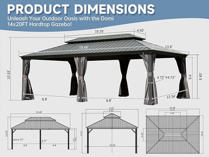 Domi 14' X 20' Hardtop Gazebo Outdoor Metal Gazebo Canopy with Galvanized Steel Double Roof, Aluminum Frame, Curtains and Netting for Patio, Deck, Garden, Grey
