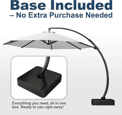 11FT Cantilever Umbrella with Base Large Curvy Outdoor Aluminum Offset Umbrella w/ 360° Rotation, UV Resistant Canopy for Patio, Garden, Backyard, Light Gray