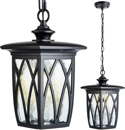 15'' Outdoor Pendant Light Fixture, Exterior Hanging Lantern, Modern Black Metal Outside Chandelier Light Fixture Ceiling Mount with Water Ripple Glass & Adjustable Chain for Porch, Gazebo, Front Door