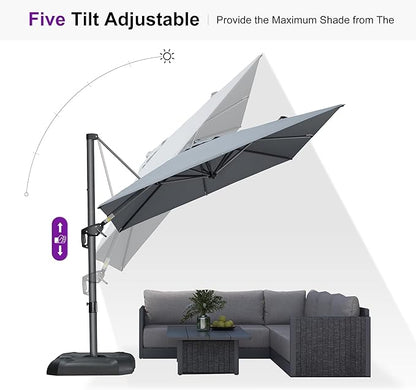 PURPLE LEAF 8'×8' Patio Cantilever Umbrella with Base Included Offset Outdoor Umbrella with cover Square umbrella outdoor patios for Backyard Pool Garden Light Grey
