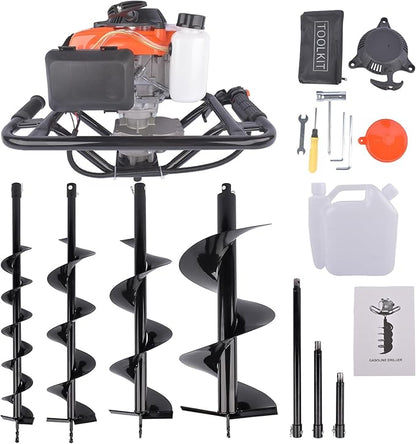Gas Powered Post Hole Digger Earth Auger - 72cc 4-Stroke Engine with 4"/6"/8"/12" Drill Bits & 8"/12"/20" Extension Rods for Farmland, Garden, Planting
