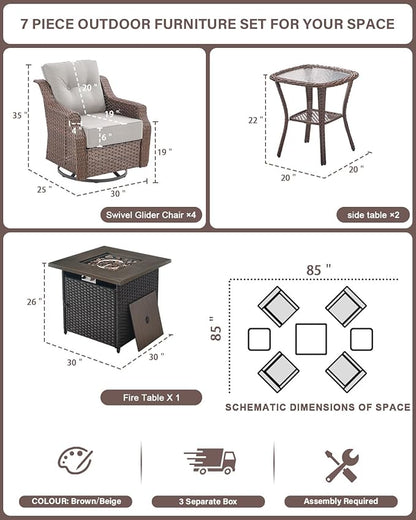 Belord Luxury Patio Furniture Set with Fire Pit Table - Outdoor Swivel Rocker Chairs Set of 4 with 30 inch Propane Fire Table for Patio Conversation and Cozy Outdoor Gatherings