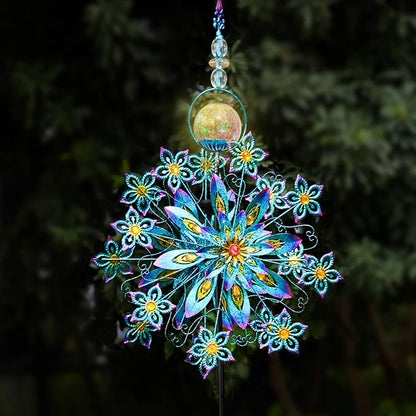 Kircust Large Solar Wind Spinner with Glass Ball - Peacock Themed Kinetic Garden Art, Dual Spinning Metal Decor for Outdoor Yard, Lawn, or Patio in Elegant Peacock Blue