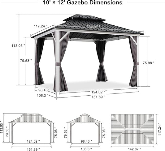 PURPLE LEAF 10' X 12' Hardtop Gazebo,White Aluminum Gazebo with Curtains and Netting,Galvanized Steel Gazebos with Double Roof,for Paito and Backyard