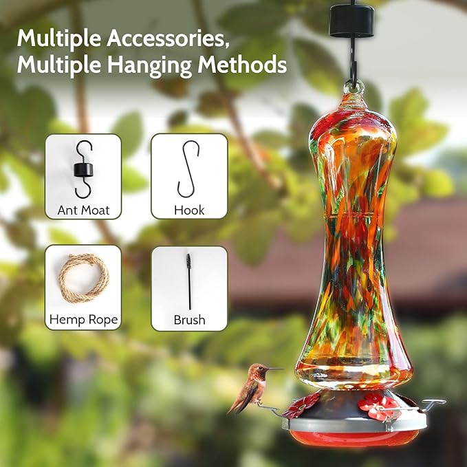 Glass Hummingbird Feeder for Outdoors: Orange Window Hanging Hummingbirds Presents for Women - Ant Moat Included, Metal Base with 4 Feeding Ports & Perch, Leak Proof, 38 fl.oz, Best Garden Decor