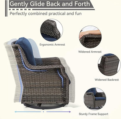 4 Piece Patio Furniture Set, 2 Swivel Glider Chairs and 2 Ottomans PE Wicker Footstool, Outdoors Rattan Conversation Set with Deep Seating and Olefin Cushions, for Backyard, Garden, Navy