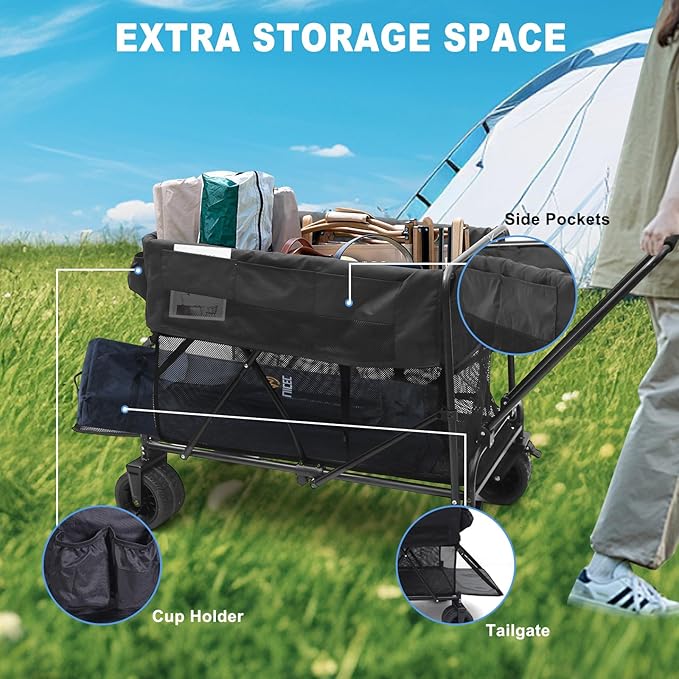Nice C Push Wagon, Double Decker Wagon, Folding Wagon, Wagons Carts Foldable, Collapsible Wagons, 400L Capacity, Foldable, 47'' Extendable, 4" Wide All Terrain Wheels