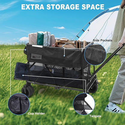 Nice C Push Wagon, Double Decker Wagon, Folding Wagon, Wagons Carts Foldable, Collapsible Wagons, 400L Capacity, Foldable, 47'' Extendable, 4" Wide All Terrain Wheels