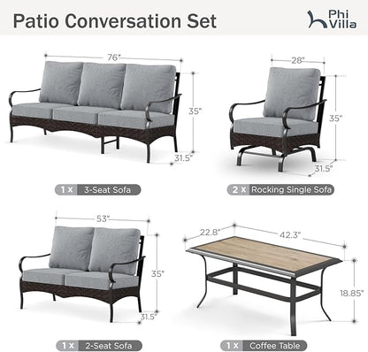 PHI VILLA Outdoor Modern Patio Furniture Set, Upgraded Wicker&Metal Patio Furniture Conversation Set with Waterproof Thick Cushions for Porch, Poolside, Deck, and Yard (5 Pieces,Grey)