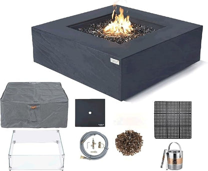 Elementi+ | Bundle Roraima Gas Fire Pit Cast Concrete 40" Square Fire Table, Outdoor Fire Pit Electronic Ignition | Canvas Cover, Fire Glass and Burner Lid Included | Dark Gray | Natural Gas