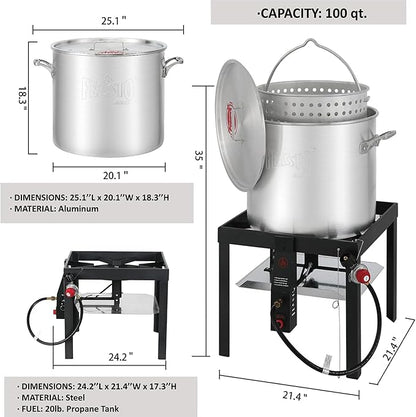 100 QT Seafood Boil Pot Stock Pot and 10,0000 BTU Propane Stove,Aluminum Seafood Boiling Kit with Strainer Basket,Heavy Duty Propane Burner For Outdoor Cooking Seafood Shrimp Crawfish Boiling