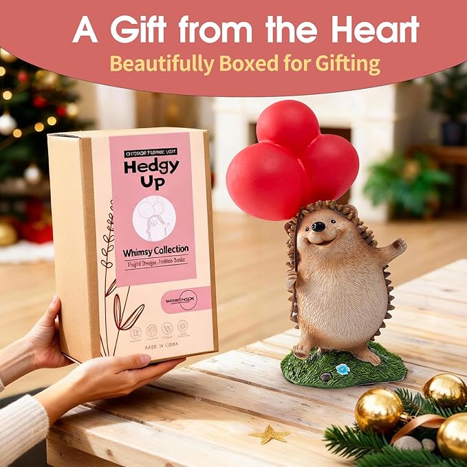 WHIMSYNOOK 10.4" Resin Hedgehog with Balloon Solar LED Garden Statue Light, Ideal for, Porch, Lawn, Yard, Housewarming, or Birthday Gifts for Mom, Family, and Hedgy Lovers