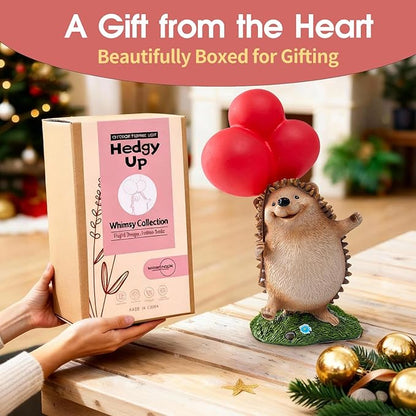 WHIMSYNOOK 10.4" Resin Hedgehog with Balloon Solar LED Garden Statue Light, Ideal for, Porch, Lawn, Yard, Housewarming, or Birthday Gifts for Mom, Family, and Hedgy Lovers
