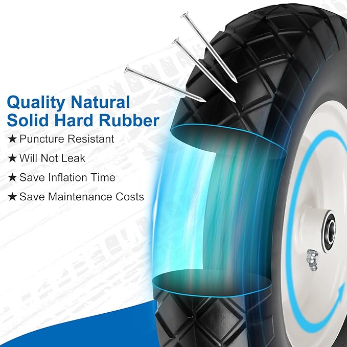 4.80/4.00-8" Flat Free Wheelbarrow Tire and Wheels, 16" Universal Fit Solid Tire with 5/8" or 3/4" Bearing, 3"-7" Hub, Adapter Kit Hand Truck Wheel Replacement for Garden Trailer, Wagons, 1 PCS