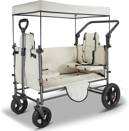 TMZ Collapsible Wagon Cart with Side-Opening Seat Conversion Design, Foldable Utility Wagon with 2 Seats, Heavy Duty Wagon 265 lbs Load Capacity (Beige)