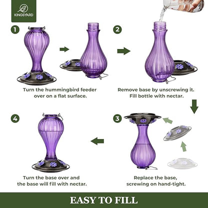 Kingsyard 2 Pack Glass Hummingbird Feeder 24 Ounces, 6 Feeding Ports, Hanging Bird Nectar Feeder for Outdoors Garden Yard Décor, Ant Moat Included, Purple