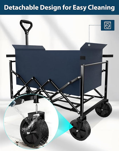 Lightweight Folding Wagon, Large Capacity Collapsible Grocery Cart on Big Wheels, Heavy Duty Foldable Shopping Carts, All-Terrain Outdoor Utility Carts, 4.5 Cu Ft, Blue