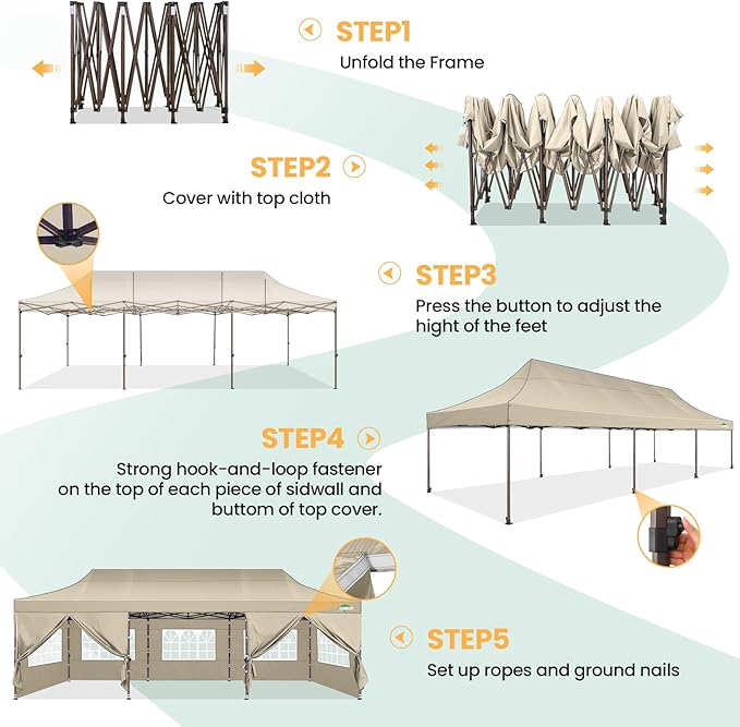 COBIZI 10x30 Heavy Duty Pop Up Canopy with 8 Sidewalls and Hexagonal Legs, Easy up Tent for Parties, Wedding and Commercial, Outdoor Canopy with Carry Bag, Sand Bags, Waterproof & UPF50+ (Khaki)