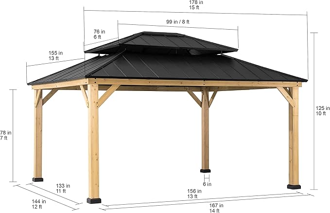 SUNJOY 13 x 15 ft. Wood Gazebo Cedar Framed Gazebos with Black Double Steel Hardtop Roof for Garden,Backyard Shade, Matte Black Roof + Natural Wood Frame