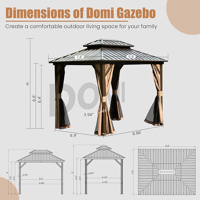Domi 8' x 10' Hardtop Gazebo Permanent Metal Gazebo with Galvanized Steel Double Roof, Curtains and Netting for Party, Wedding, Outdoor Dining, Patio, Backyard, Brown