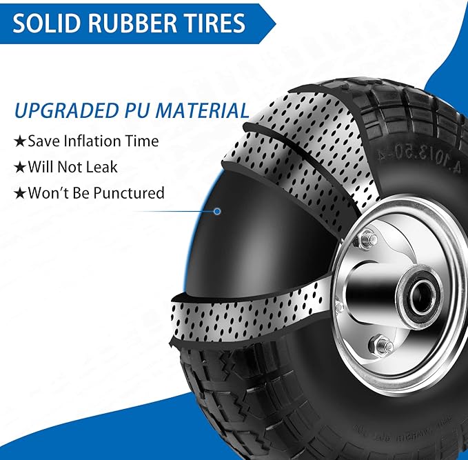 4.10/3.50-4 Tires and Wheels Flat Free 10 Inch Solid Tires Replacement with 5/8" Axle Bore Hole, 8 Spacers 4 Pins, for Cart, Garden Wagon, Wheelbarrow, Hand Truck, Trolley, Lawn Mower, 2P