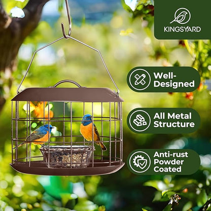 Kingsyard Bluebird Feeders for Outdoors Hanging, All Metal, Cage Bird Feeder with Tray, Squirrel Proof & Weatherproof, Easy to Refill & Clean (Brown)