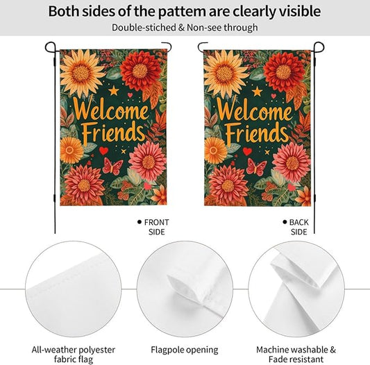 Welcome Friend Garden Flag Vertical Double Sided Outdoor Yard Flags 12.5x18 Inch Burlap Banners for House Lawn