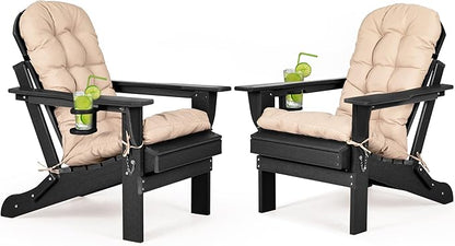 nalone Folding Adirondack Chairs Set of 2 with Cushions and Cup Holder, HDPE Plastic Oversized Patio Chair Weather Resistant, Used in Outdoor, Fire Pit, Deck, Garden, Campfire Chairs (Black)