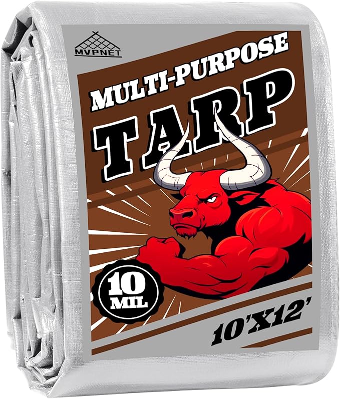 Tarp 10x12 ft Heavy Duty 10mil Silver/Brown 100% Waterproof High Durability Multipurpose Outdoor Tarpaulin,Uv Resistant,for Courtyards,Camping, Canopy, Trailer, Boats, Camping, Etc -by MVPNET