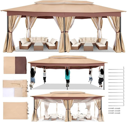 COBIZI Gazebo 12x20 Heavy Duty Gazebos with Curtain and Netting Outdoor Gazebo Canopy Double Roof Patio Gazebos with Metal Steel Frame for Patio, Deck, Backyard (Khaki)