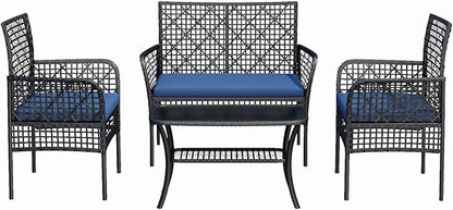 4-Piece Patio Furniture Set, Weather-Resistant Rattan Patio Conversation Set with Two-Tier Coffee Table, Upholstered Openwork Wicker Furniture for Porch, Garden, Lawn, Blue