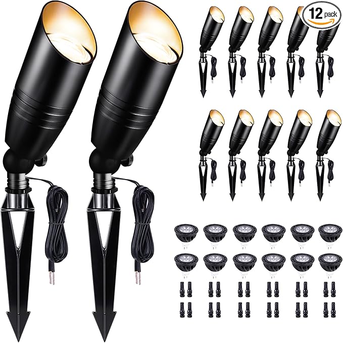 Landscape Spotlights, Black Low Voltage LED Outdoor Lighting, IP65 Waterproof Aluminum uplight for Yard House Porch with 5W MR16 Bulb 4000K 12 Pack