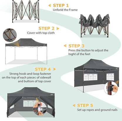 COBIZI 10x15 Pop Up Heavy Duty Canopy with 4 Sidewalls and Hexagonal Legs, Easy up Tent for Parties, Commercial and Wedding, Outdoor Canopy with Roller Bag, Sand Bags, Waterproof & UPF50+ (Gray)