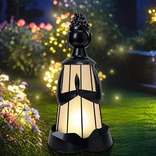 Solar Buddha Figurine Lights, Metal Buddha Statue Solar Lantern Outdoor Garden Statue with Led Lights for Patio, Lawn, Yard Ornament, Housewarming Gifts