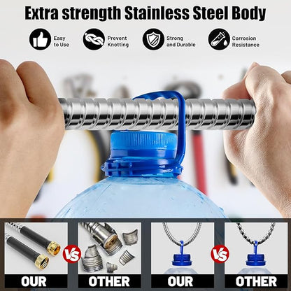 Garden Hose 50 ft, Stainless Steel Metal Water Hose 50 Feet with Nozzle, Flexible, Rust Proof, No-Kink, Heavy Duty, Leakproof 3/4 in Fittings, Lightweight Metal Hose, BT50S Model