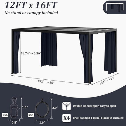 Gazebo Universal Replacement Privacy Curtain,12'×16' Gazebo Outdoor Waterproof Curtains, 4-Panels Sidewall Curtains with Double Zipper for Patio Canopy, Garden and Backyard (Curtain Only)