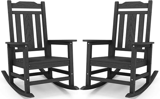 SERWALL Oversized Rocking Chair Set of 2 Outdoor, HDPE Outdoor Rocking Chair Set of 2, Black