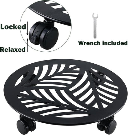 1 Packs Large Metal Plant Caddy with PU Wheels 13" Heavy-Duty Wrought Iron Rolling Plant Stands Indoor Outdoor Wheeled Plant Dolly Planter Mover Rollers Plant, Leaf Style