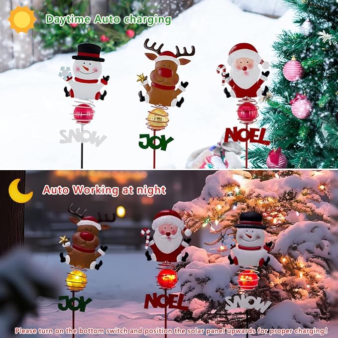 Christmas Solar Garden Lights,3 Pack Santa Claus Snowman Reindeer Solar Stake Lights,Xmas Figurine Lights for Yard Lawn Porch Holiday Decor for Women